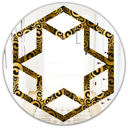 Gold and Black Swirl I - Modern Round or Oval Wall Mirror - Hexagon Star