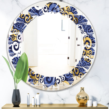 Retro Luxury Waves In Gold and Blue III - Modern Round or Oval Wall Mirror - Leaves