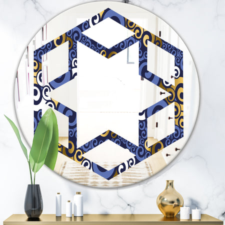Retro Luxury Waves In Gold and Blue III - Modern Round or Oval Wall Mirror - Hexagon Star