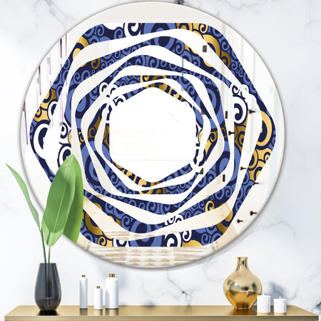 Retro Luxury Waves In Gold and Blue III - Modern Round or Oval Wall Mirror - Whirl