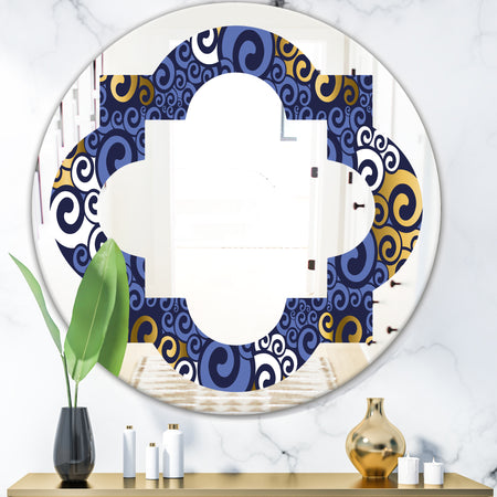 Retro Luxury Waves In Gold and Blue III - Modern Round or Oval Wall Mirror - Quatrefoil