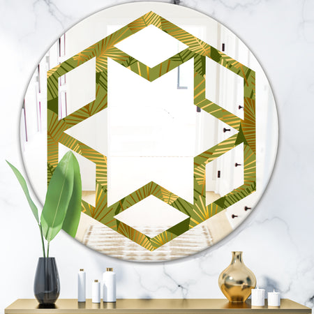 Golden Leaves I - Modern Round or Oval Wall Mirror - Hexagon Star