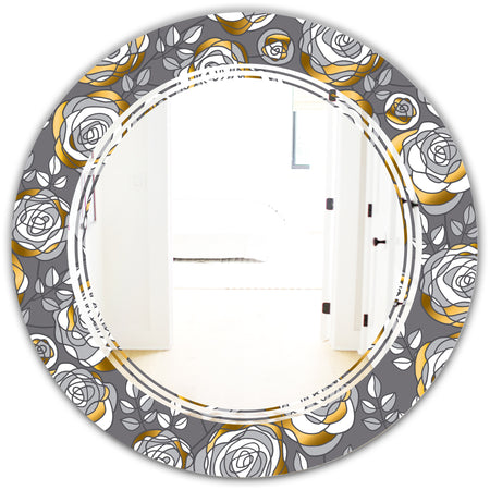 Golden Rose Flowers - Modern Round or Oval Wall Mirror - Triple C