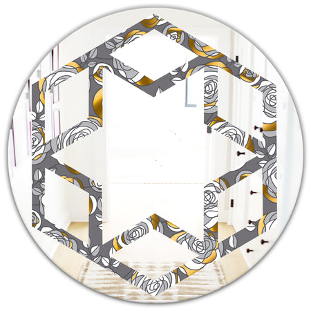 Golden Rose Flowers - Modern Round or Oval Wall Mirror - Hexagon Star