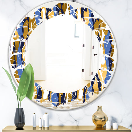 Retro Luxury Waves In Gold and Blue I - Modern Round or Oval Wall Mirror - Leaves
