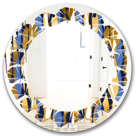 Retro Luxury Waves In Gold and Blue I - Modern Round or Oval Wall Mirror - Leaves