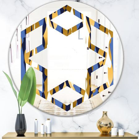 Retro Luxury Waves In Gold and Blue I - Modern Round or Oval Wall Mirror - Hexagon Star