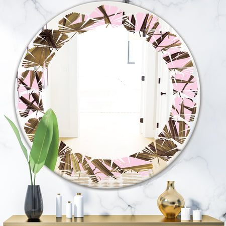 Tropical Leaves On Pink - Modern Round or Oval Wall Mirror - Leaves