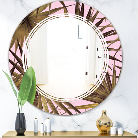 Tropical Leaves On Pink - Modern Round or Oval Wall Mirror - Triple C