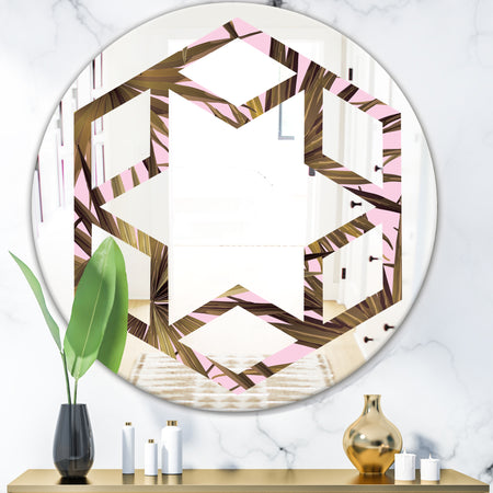 Tropical Leaves On Pink - Modern Round or Oval Wall Mirror - Hexagon Star