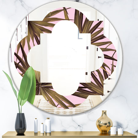 Tropical Leaves On Pink - Modern Round or Oval Wall Mirror - Quatrefoil