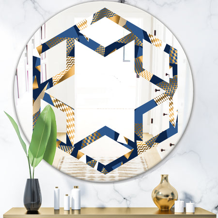 Gold and Blue Cubes - Modern Round or Oval Wall Mirror - Hexagon Star