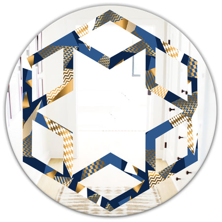 Gold and Blue Cubes - Modern Round or Oval Wall Mirror - Hexagon Star