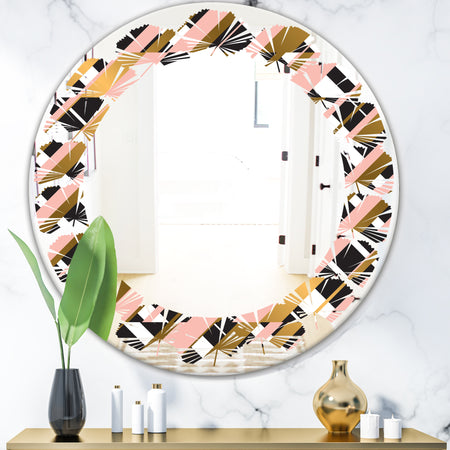 Gold Checkered Pattern II - Modern Round or Oval Wall Mirror - Leaves