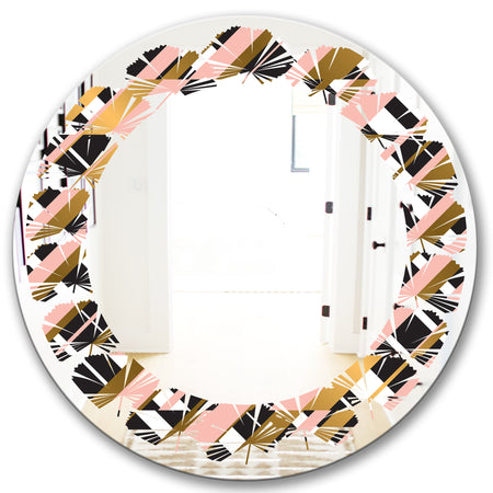 Gold Checkered Pattern II - Modern Round or Oval Wall Mirror - Leaves