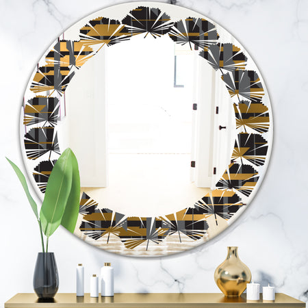 Gold Checkered Pattern I - Modern Round or Oval Wall Mirror - Leaves
