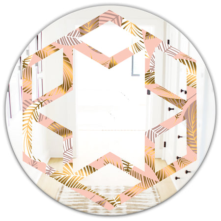 Golden Tropical Pattern V - Modern Round or Oval Wall Mirror - Hexagon Star