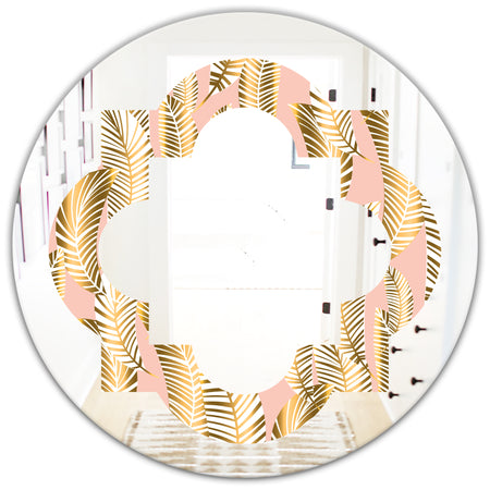 Golden Palm Leaves I - Modern Round or Oval Wall Mirror - Quatrefoil