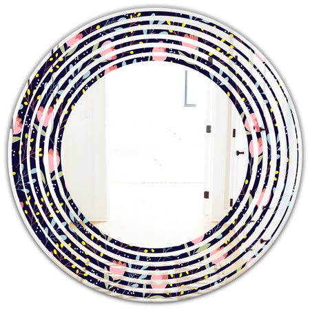 Handdrawn Pink Flowers - Modern Round or Oval Wall Mirror - Wave