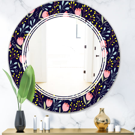 Handdrawn Pink Flowers - Modern Round or Oval Wall Mirror - Triple C