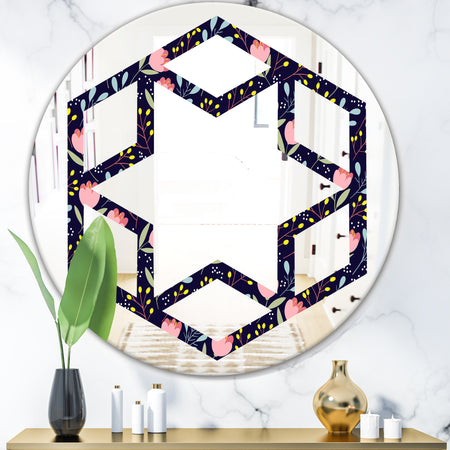 Handdrawn Pink Flowers - Modern Round or Oval Wall Mirror - Hexagon Star