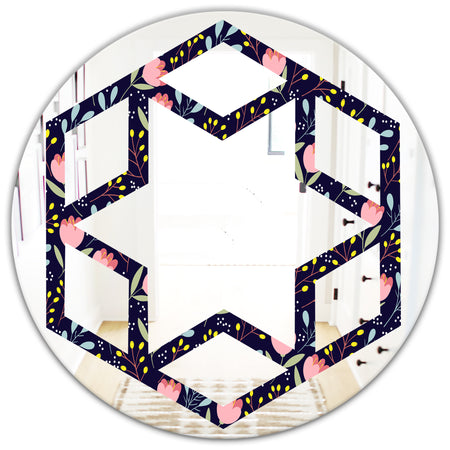 Handdrawn Pink Flowers - Modern Round or Oval Wall Mirror - Hexagon Star
