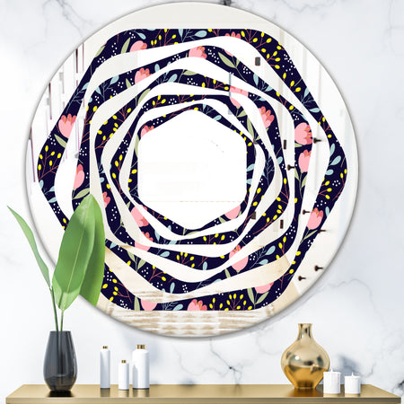 Handdrawn Pink Flowers - Modern Round or Oval Wall Mirror - Whirl