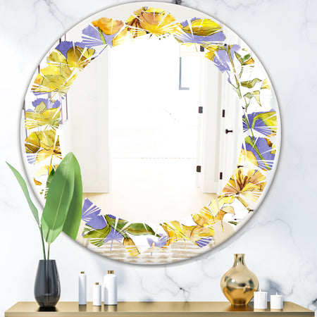 Retro Handdrawn Poppies V - Cottage Round or Oval Wall Mirror - Leaves