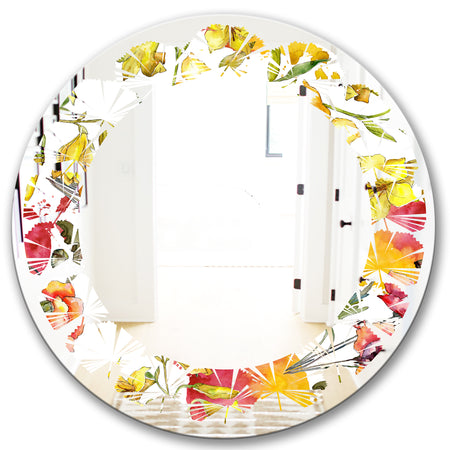 Retro Handdrawn Poppies IV - Cottage Round or Oval Wall Mirror - Leaves