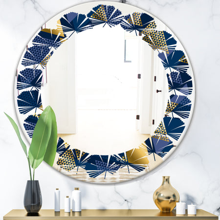 Retro Luxury Waves In Gold and Blue IX - Modern Round or Oval Wall Mirror - Leaves