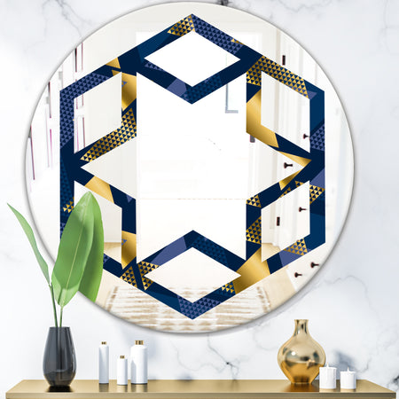 Retro Luxury Waves In Gold and Blue IX - Modern Round or Oval Wall Mirror - Hexagon Star