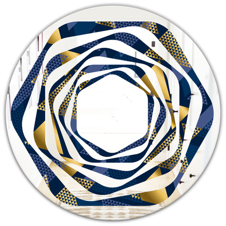 Retro Luxury Waves In Gold and Blue IX - Modern Round or Oval Wall Mirror - Whirl
