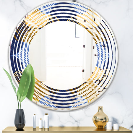 Retro Luxury Waves In Gold and Blue II - Modern Round or Oval Wall Mirror - Wave