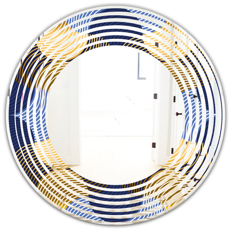 Retro Luxury Waves In Gold and Blue II - Modern Round or Oval Wall Mirror - Wave