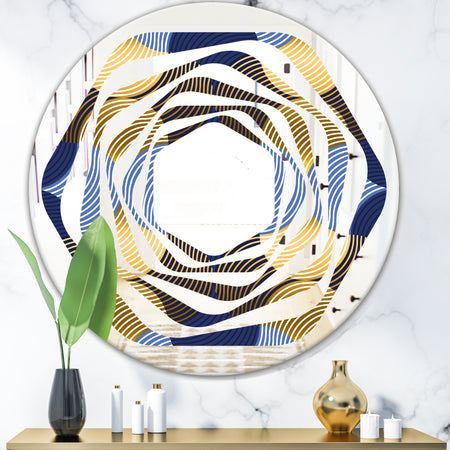 Retro Luxury Waves In Gold and Blue II - Modern Round or Oval Wall Mirror - Whirl