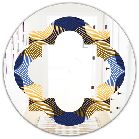 Retro Luxury Waves In Gold and Blue II - Modern Round or Oval Wall Mirror - Quatrefoil