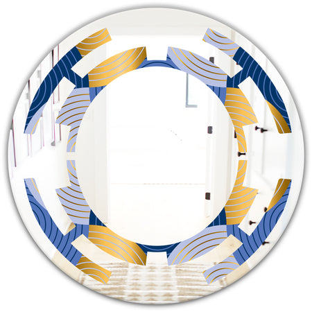 Retro Luxury Waves In Gold and Blue X - Modern Round or Oval Wall Mirror - Space