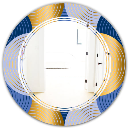 Retro Luxury Waves In Gold and Blue X - Modern Round or Oval Wall Mirror - Triple C