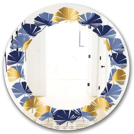Retro Luxury Waves In Gold and Blue VIII - Modern Round or Oval Wall Mirror - Leaves
