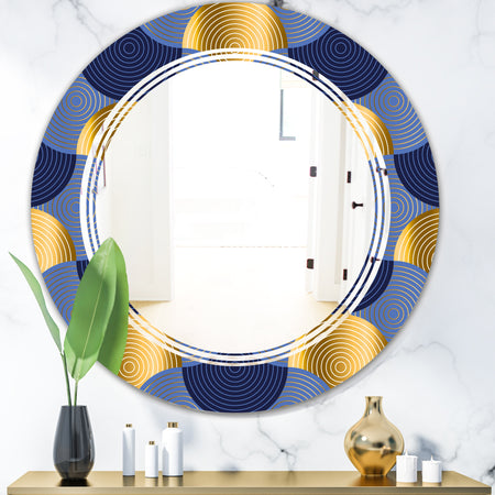 Retro Luxury Waves In Gold and Blue VIII - Modern Round or Oval Wall Mirror - Triple C