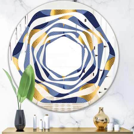 Retro Luxury Waves In Gold and Blue VIII - Modern Round or Oval Wall Mirror - Whirl