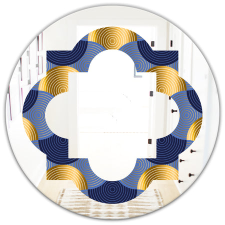 Retro Luxury Waves In Gold and Blue VIII - Modern Round or Oval Wall Mirror - Quatrefoil