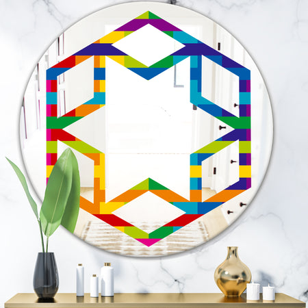 Rainbow colors simple geometric pattern. - Modern Round or Oval Wall Mirror - Hexagon Star