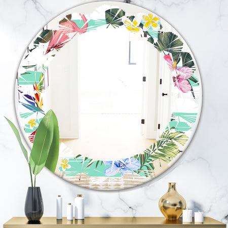 Tropical Botanicals, Flowers and Flamingo - Modern Round or Oval Wall Mirror - Leaves