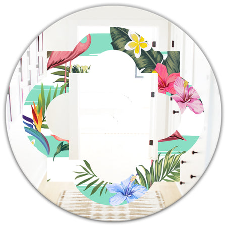 Tropical Botanicals, Flowers and Flamingo - Modern Round or Oval Wall Mirror - Quatrefoil