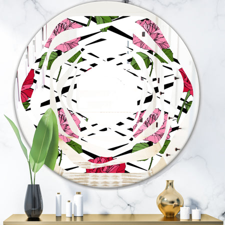 Retro Pink and Red Roses - Cottage Round or Oval Wall Mirror - Whirl