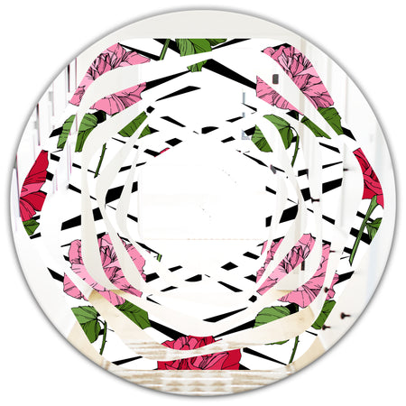 Retro Pink and Red Roses - Cottage Round or Oval Wall Mirror - Whirl