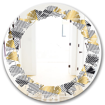 Retro Luxury Waves In Gold and Blue VI - Modern Round or Oval Wall Mirror - Leaves