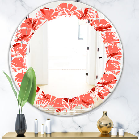 Coral Flowers Of Bird Of Paradise - Modern Round or Oval Wall Mirror - Leaves