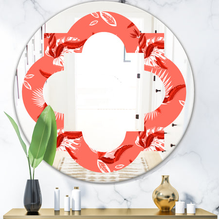 Coral Flowers Of Bird Of Paradise - Modern Round or Oval Wall Mirror - Quatrefoil